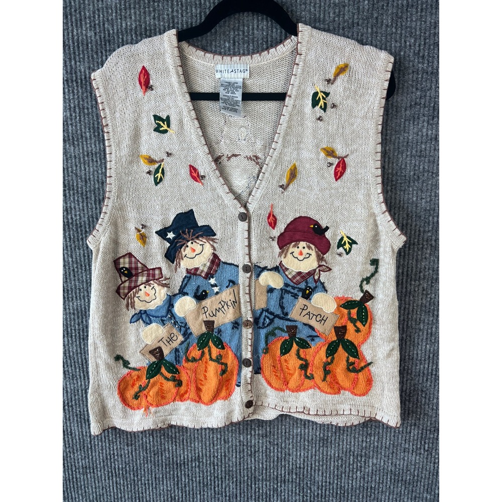 90s White Stag Pumpkin Patch Sweater Vest Large Cottagecore Fall Folk Art